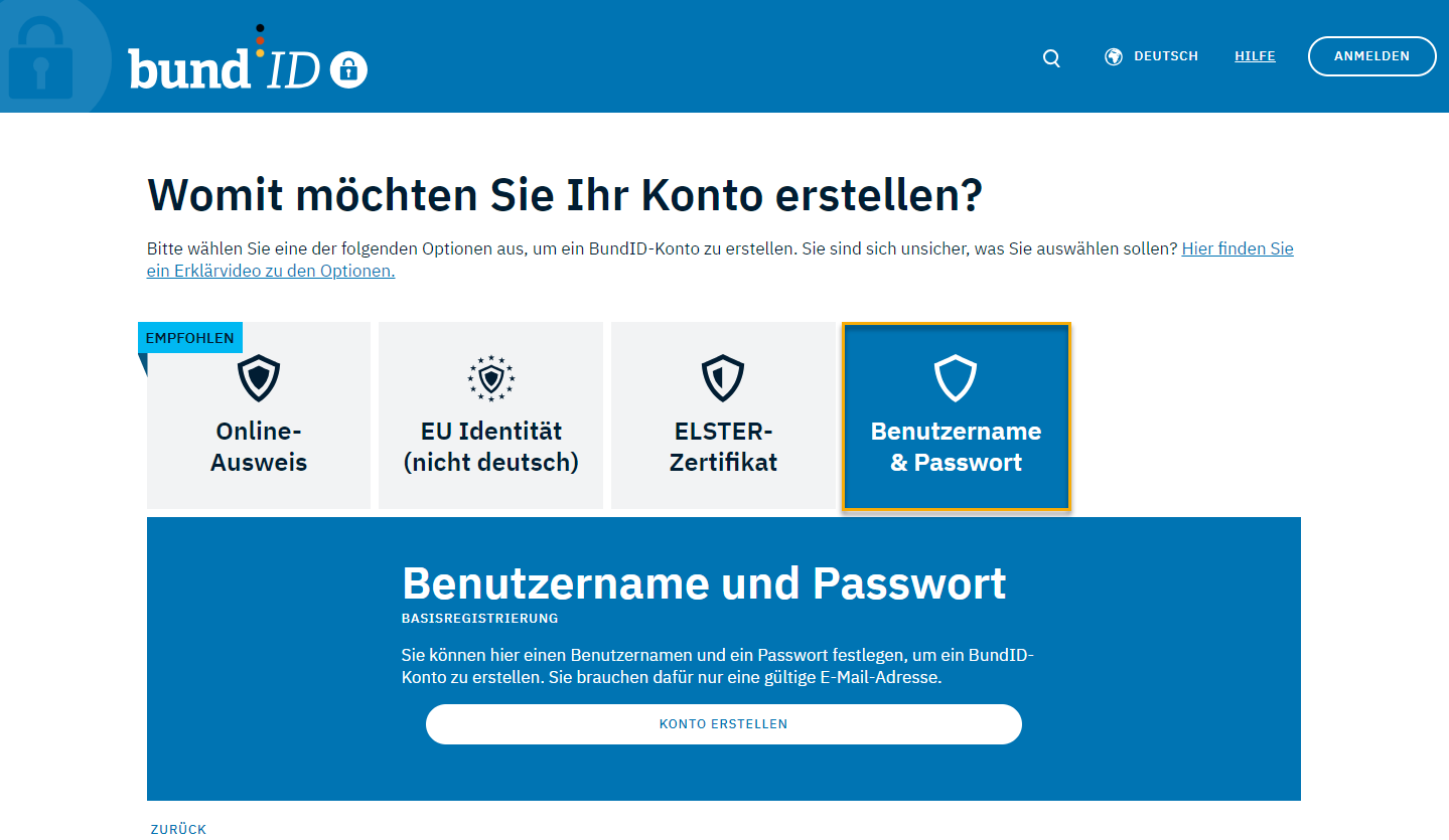Kontoerstellung der BundID mit Benutzernamen und Passwort